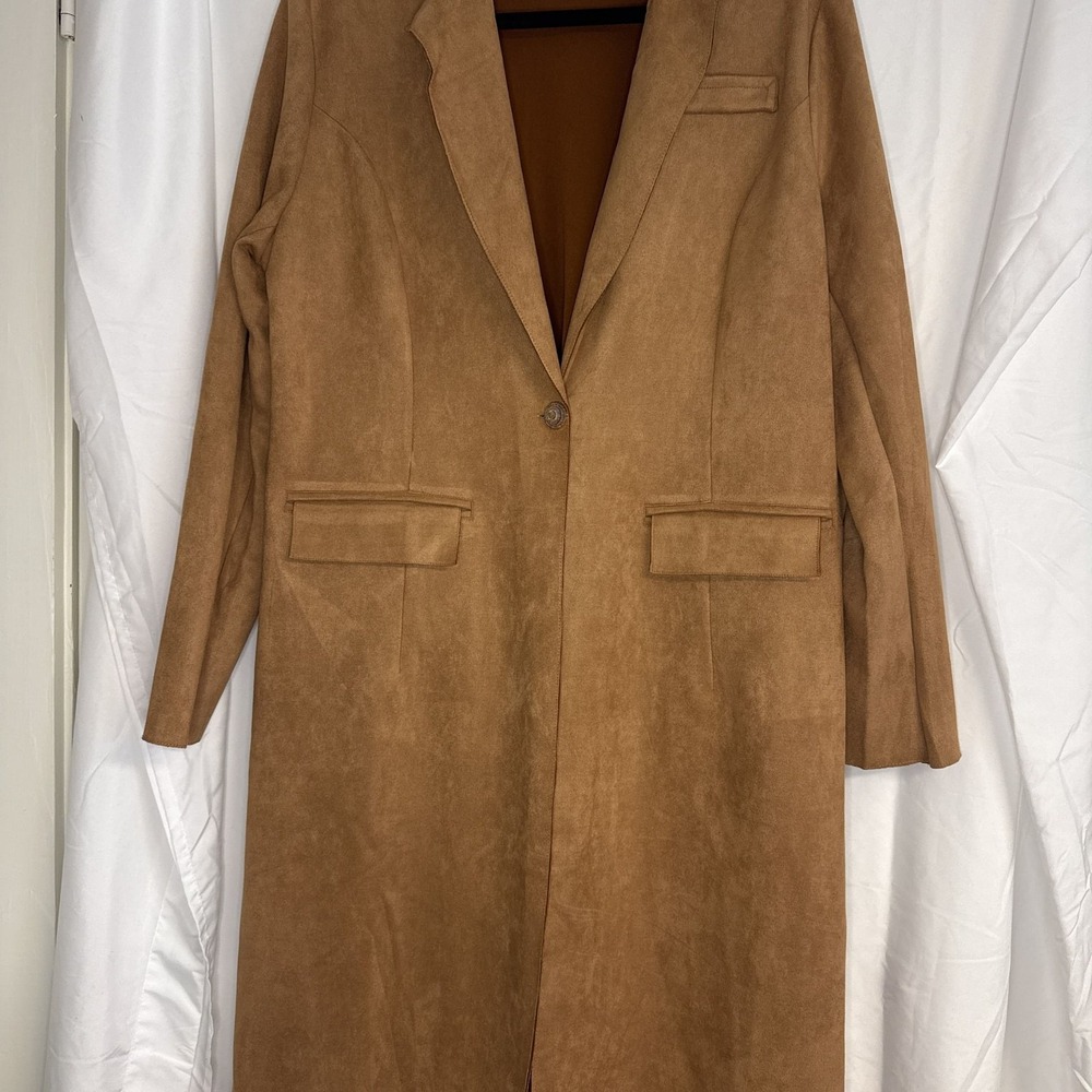 NEW Solitaire Brown Faux Suede Long coat Single Button Size XL quiet luxury